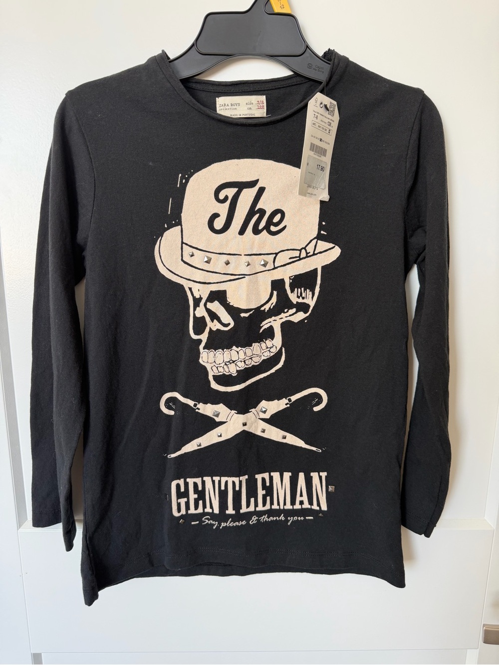Zara Black Long-Sleeve Tee with Cream Skull & Canes Graphic